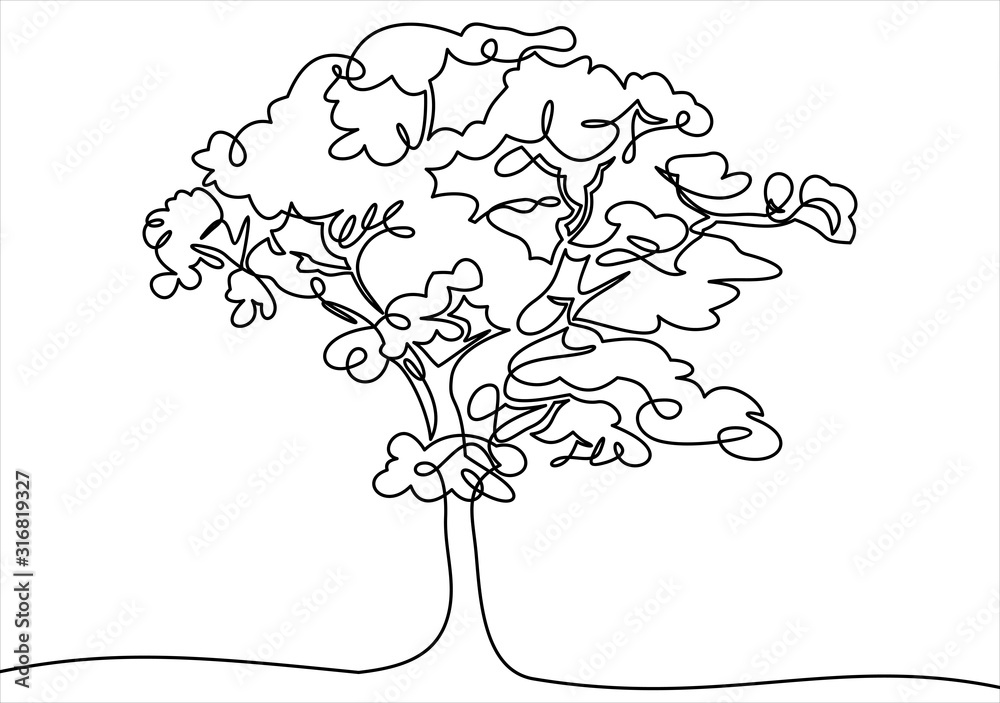 continuous one line drawing of nature tree vector illustration