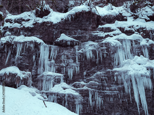 The Breitachklamm ravine in winter with long icicles in Tiefenbach near Oberstdorf, Bavaria, Germany © Alex