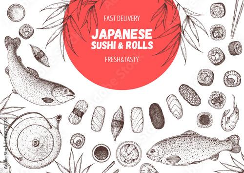 Sushi and rolls vector illustration. Hand drawn sketch. Japanese food menu design. Vintage vector elements for japanese cuisine menu. Retro style design. Food and drink collection.