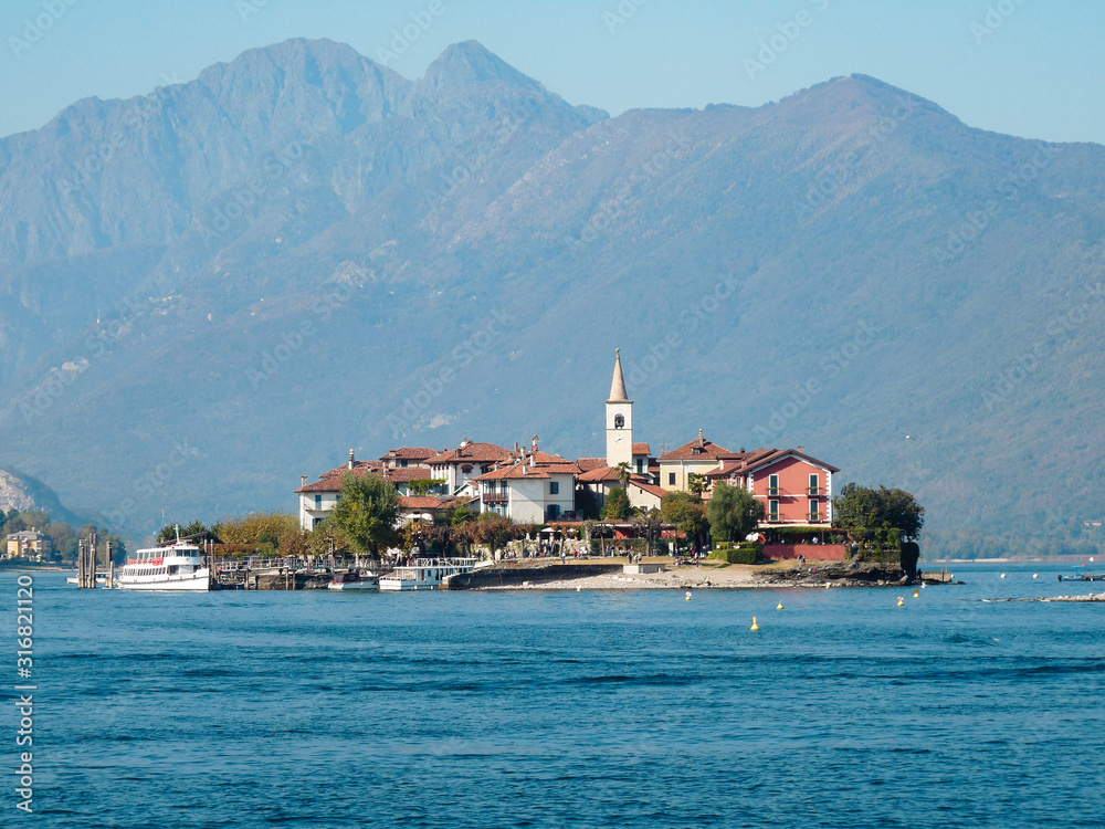 Italian lake called Lago Maggiore with isole dei pescatori. Region of Lombardia. Destination travel to Europe