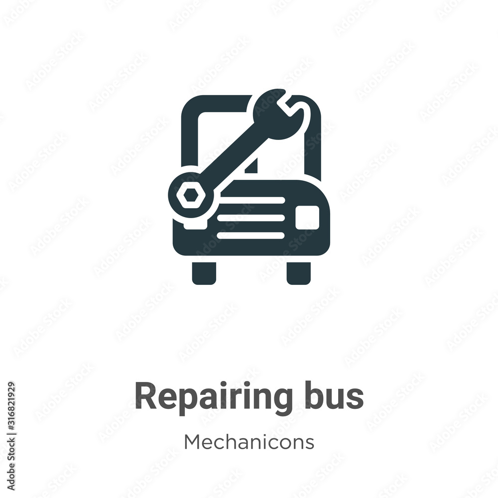 Repairing bus glyph icon vector on white background. Flat vector repairing bus icon symbol sign from modern mechanicons collection for mobile concept and web apps design.
