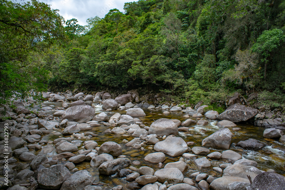Mossman River and Lookout in rural rainforest at Mossman Gorge National Park Daintree Region Queensland Australia.