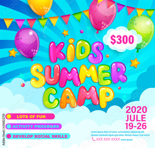 Kids Summer camp invitation flyer. Template for advertising brochure, children activities on camping. Great for posters, flyers, banners. Sunburst background, ballons and flags.Vector Illustration
