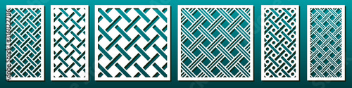 Laser cut pamels template, vector set. Abstract geometric pattern. Stencils, die for metal cutting, paper art, fretwork, wood carving, card background, wall panel design.