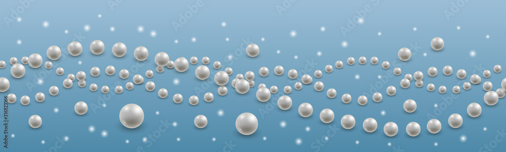 Threads of pearls. Background pattern, seamless horizontally. Realistic white pearls and shining sparkles. Vector illustration