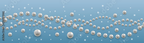Threads of pearls. Background pattern  seamless horizontally. Realistic white pearls and shining sparkles. Vector illustration