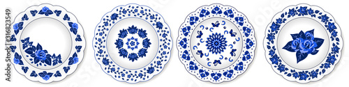 Porcelain plates ornate with floral pattern, blue on white. Set of decorative elements isolated. Traditional design in oriental Chinese style, flowers and leaves. Vector illustration