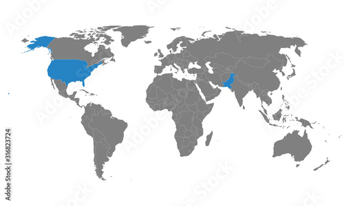 Fototapeta Naklejka Na Ścianę i Meble -  Pakistan, USA political map highlighted on world map. Gray background. Business concepts trade, economic foreign relations.