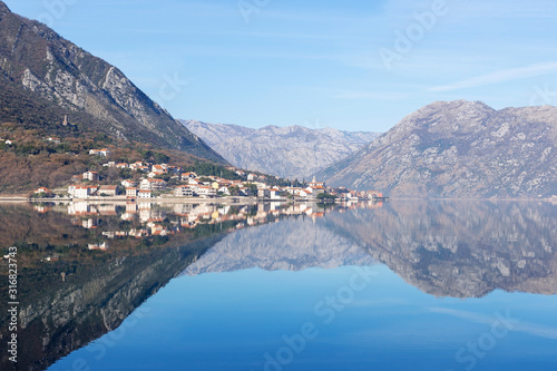 Montenegro, Kotor Bay, reflection of the city in the sea