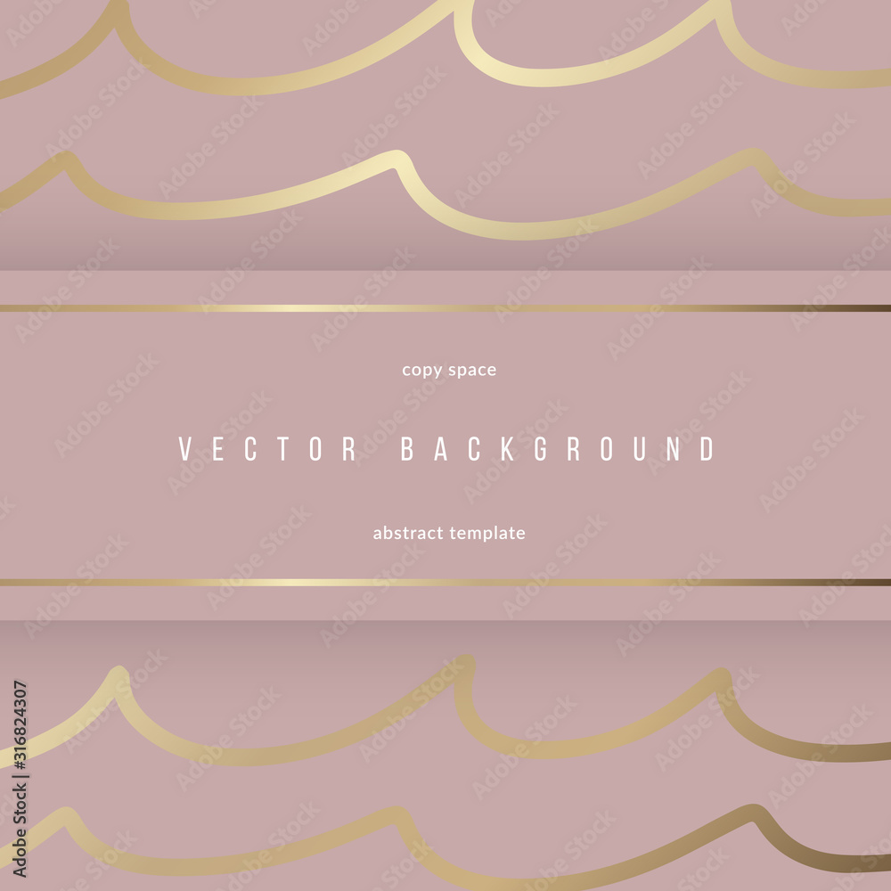 Abstract banner template with dusty rose color and gold foil effect, copy space for your text or message. Trendy vector background with freehand waves and blank space. modern minimal banner cover.