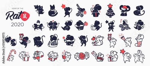 Vector collection of 2020 Chinese New Year simbol. Rat horoscope sign. Set of Cute holiday themed Mice in different situations.