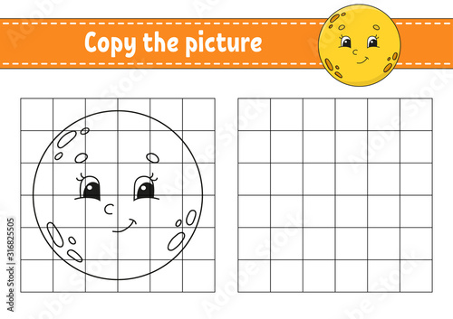 Cute moon. Copy the picture. Coloring book pages for kids. Education developing worksheet. Game for children. Handwriting practice. Funny character. Cute cartoon vector illustration.