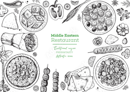 Middle eastern food top view frame. Food menu design with pita, shawarma, kebab, baklava, meat balls. Vintage hand drawn sketch vector illustration.