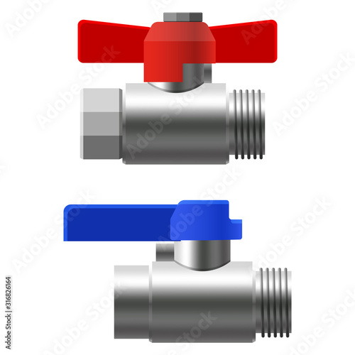 Set valves ball, fittings, pipes of metal piping system. Different types valves water, oil, gas pipeline, pipes sewage