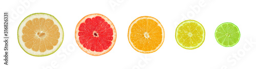 Billede på lærred Colorful cross sections of citrus fruits - sweetie, grapefruit, orange, lemon an
