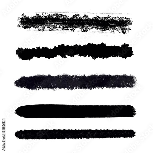 Hand drawn various shapes brush strokes. Creative black thin paint brush lines  isolated on white background.
