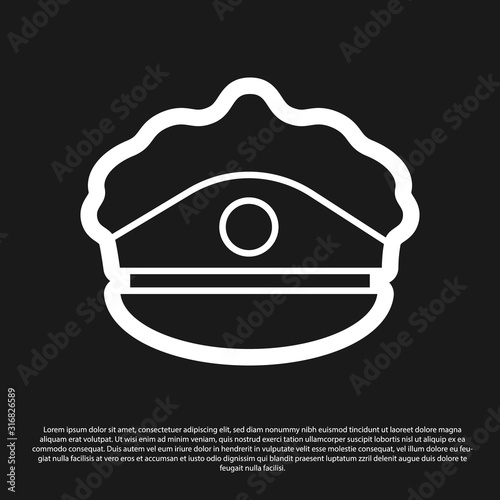 Black Police cap with cockade icon isolated on black background. Police hat sign. Vector Illustration