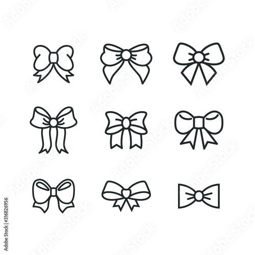 Ribbon Bow Icons set. Black gift bows silhouette. Template design for surprise, celebration event, presents, birthday, Christmas ribbons