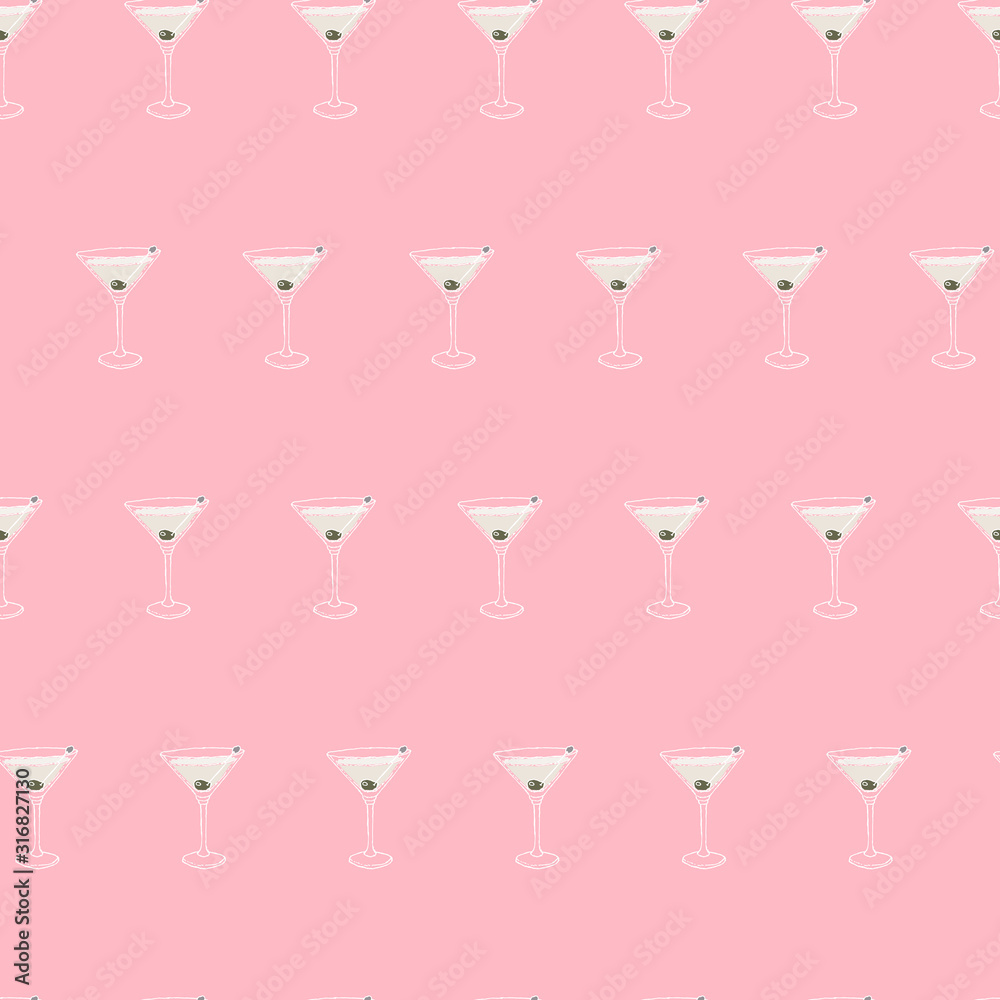 Martini dry Cocktail seamless pattern. Hand drawing sketch outlines on pink background can be printed on textile, wallpaper, wrapping paper, greeting cards, used in logo, banner, landing page. Vector Martini dry Cocktail seamless pattern. Hand drawing sketch outlines on pink background can be printed on textile, wallpaper, wrapping paper, greeting cards, used in logo, banner, landing page. Vector