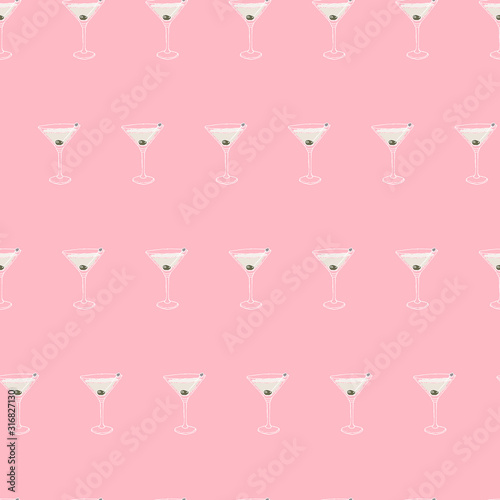Martini dry Cocktail seamless pattern. Hand drawing sketch outlines on pink background can be printed on textile, wallpaper, wrapping paper, greeting cards, used in logo, banner, landing page. Vector