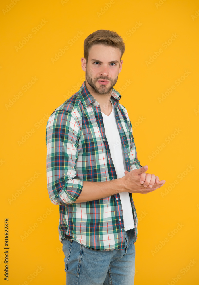Confident speaker posture. Menswear and fashionable clothing. Man handsome in casual style. Guy with bristle comfy outfit. Handsome man. Daily outfit. Man model clothes shop. Let me introduce myself Confident speaker posture. Menswear and fashionable clothing. Man handsome in casual style. Guy with bristle comfy outfit. Handsome man. Daily outfit. Man model clothes shop. Let me introduce myself