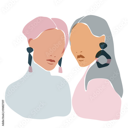 Fototapeta Naklejka Na Ścianę i Meble -  Illustration of 2 beautiful women. Pastel colors. Portraits with big earrings. A caucasian and and an asian woman together.