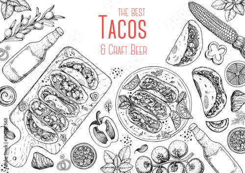 Tacos cooking and ingredients for tacos, sketch illustration. Mexican cuisine frame. Fast food menu design elements. Tacos hand drawn frame. Mexican food
