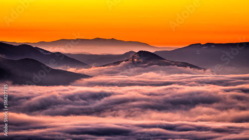 Fototapeta Naklejka Na Ścianę i Meble -  Splendid sunrise in the Carpathian Mountains. Bieszczady National Park. Poland.