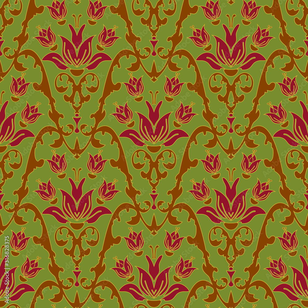 Seamless vector pattern with red lilies on green background. Renaissance floral vintage wallpaper design. Seamless vector pattern with red lilies on green background. Renaissance floral vintage wallpaper design.