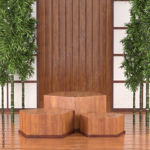 3d render image of background podium for cosmetic product,3d wood podium japan tradition calture style. photo