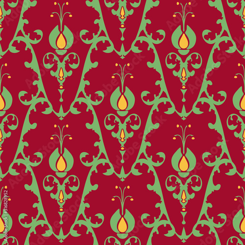 Seamless vector pattern Victorian style wallpaper design on red. Luxury repeat background with abstract flowers and leaves.