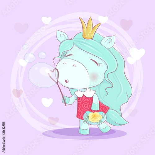 Cute cartoon unicorn girl with flowers blowing soap bubbles. Vector illustration