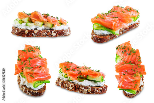 Smoked salmon ricotta cheese rye sandwich on a white isolated background