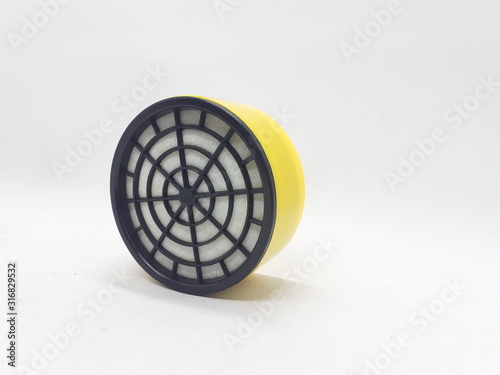 Yellow Black Chemical Gas Cartridge Replacement for Hazardous Poisonous Air  White Isolated Background