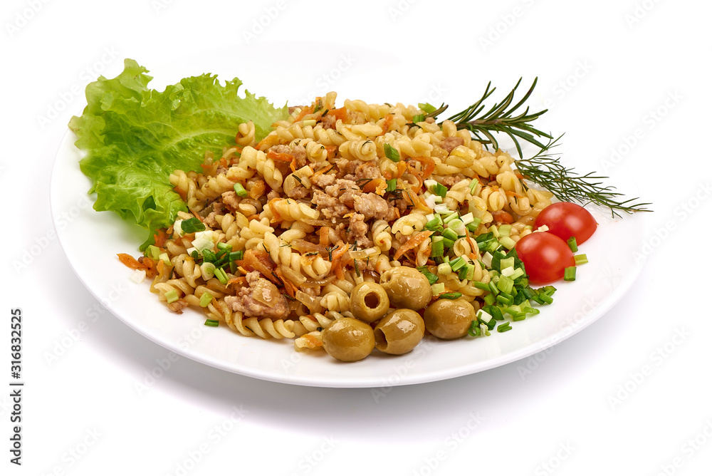 Fusilli pasta with minced meat, isolated on white background