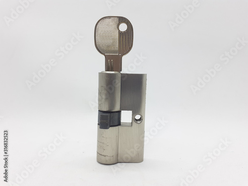 Silver Shiny Mechanical Modern Door Key Lock Set in White Isolated Background