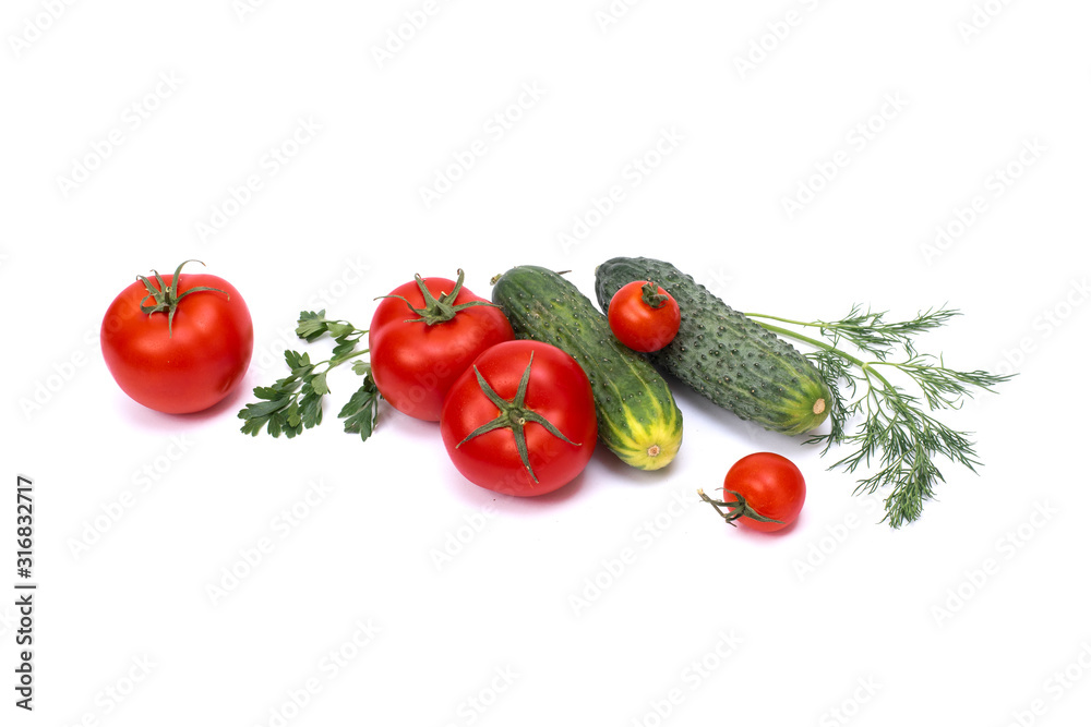 Tomato with cucumber on white background with clipping path. Ripe vegetables isolated on white background. Tomatoes, cucumber on isolated on white background..