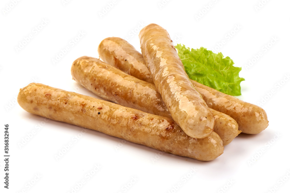 Barbecue grilled chicken sausages, isolated on white background Barbecue grilled chicken sausages, isolated on white background