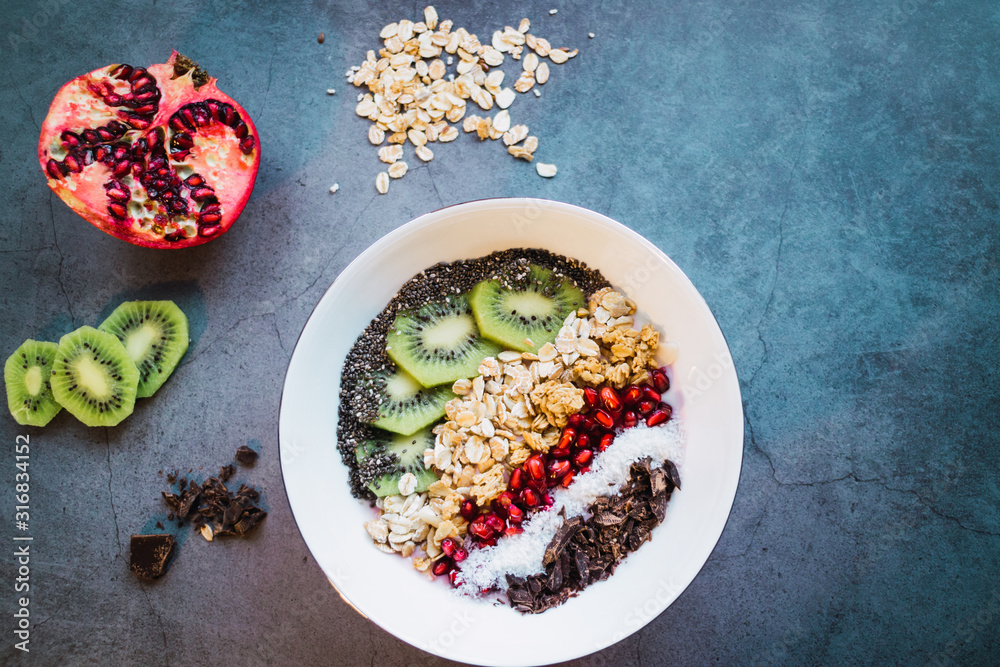 Smoothie bowl for breakfast and other ingredients on concrete background. Healthy life. Flat lay.