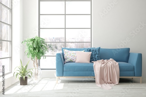 Stylish room in white color with sofa and winter landscape in window. Scandinavian interior design. 3D illustration