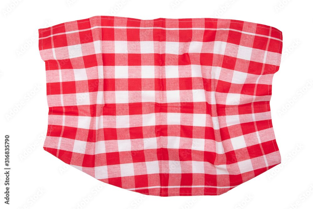 Closeup of a red and white checkered napkin or tablecloth texture isolated on white background. Kitchen accessories. Closeup of a red and white checkered napkin or tablecloth texture isolated on white background. Kitchen accessories.
