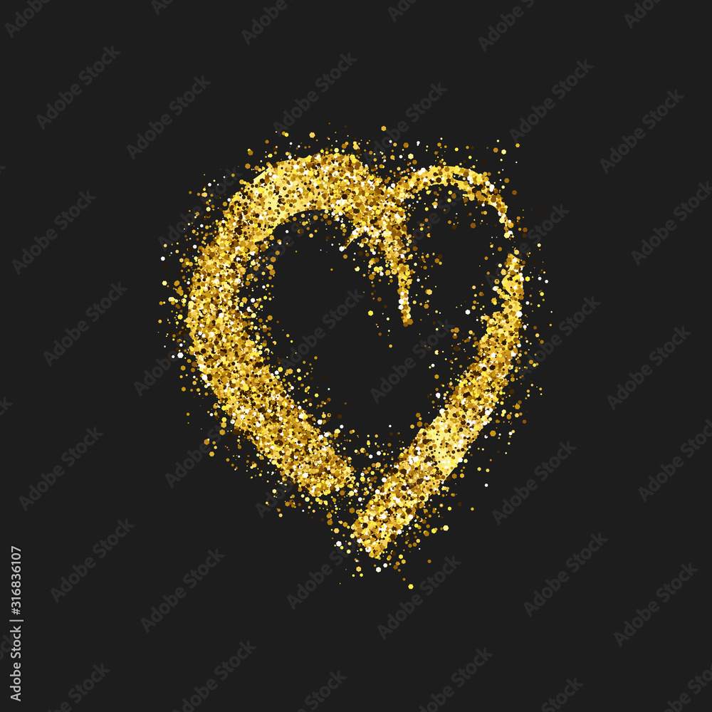 Gold glitter doodle heart on dark background