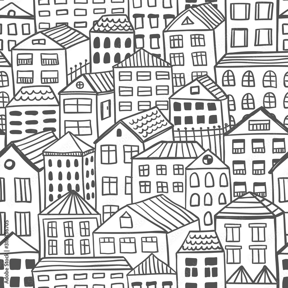 Hand drawn houses seamless pattern, black and white vector illustration. Cute city texture in doodle style, ink sketch.