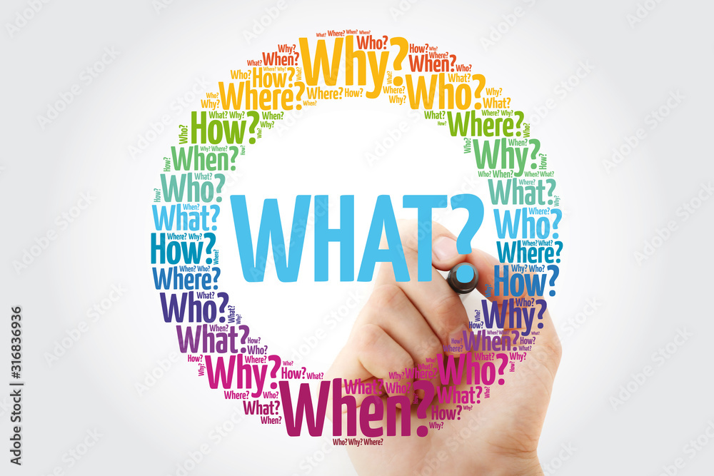 WHAT? Question and Questions whose answers are considered basic in information gathering or problem solving, word cloud background WHAT? Question and Questions whose answers are considered basic in information gathering or problem solving, word cloud background