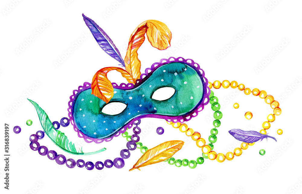 Composition for Mardi Gras. Group of traditional objects. Mask, beads and feathers. Hand drawn watercolor illustration Composition for Mardi Gras. Group of traditional objects. Mask, beads and feathers. Hand drawn watercolor illustration