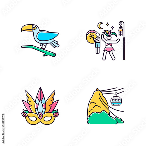 Brazilian carnival yellow RGB color icons set. Traditional masquerade. Street party. Masquerade mask. Pao de Acucar. Toucan. Ropeway. National festival. Isolated vector illustrations photo