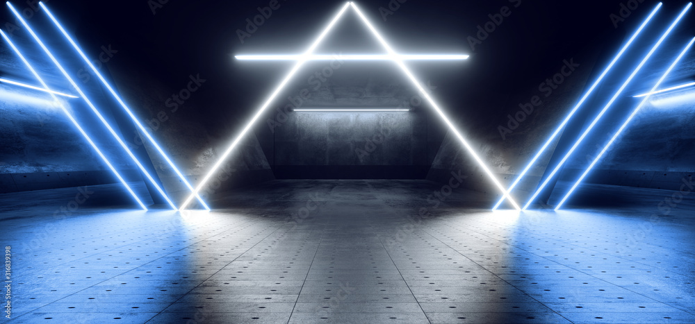 Fototapeta premium Sci Fi Futurystyczny statek kosmiczny Neon Glowing Pantone Blue Line Lights Magazyn Garaż Przedpokój Prezentacja samochodów Beton Grunge Odbicie Cyber Renderowanie 3D