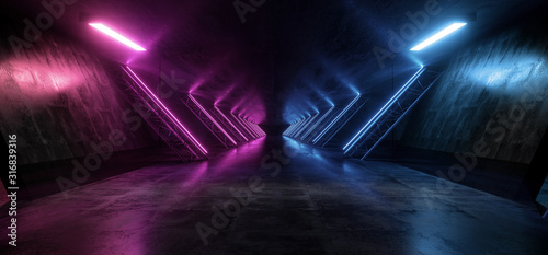 Fototapeta Naklejka Na Ścianę i Meble -  Sci Fi Futuristic Spaceship Neon Glowing Tunnel Corridor Pantone Blue Purple Line Lights Garage Hallway Car Showcase Concrete Grunge  Reflection Cyber 3D Rendering