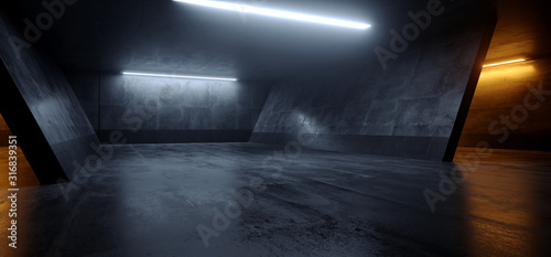 Fototapeta Naklejka Na Ścianę i Meble -  Cement Dark Grunge Orange White Glowing Led Parking Underground Car Warehouse Garage Studio Rough Modern Reflective Spaceship Tunnel Corridor Showcase 3D Rendering