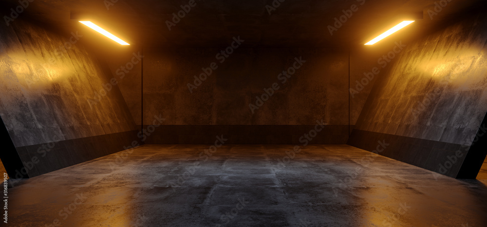 Fototapeta premium Cement Dark Grunge Orange White Glowing Led Parking Underground Car Warehouse Garage Studio Rough Modern Reflective Spaceship Tunnel Corridor Showcase 3D Rendering